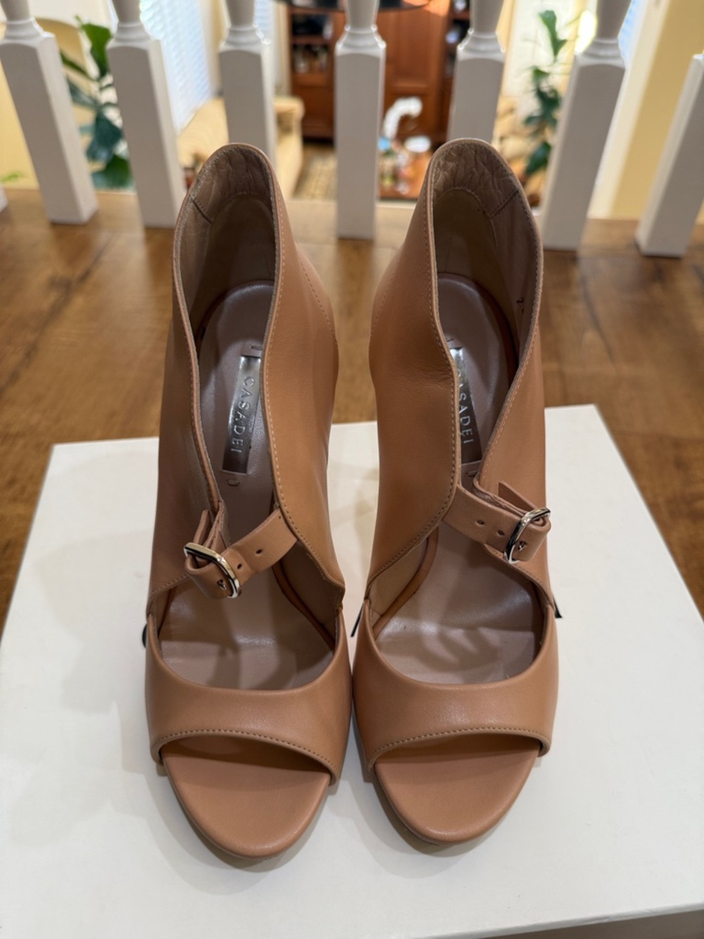 Casadei Nude Tan Open-Toe Buckle Ankle Heels